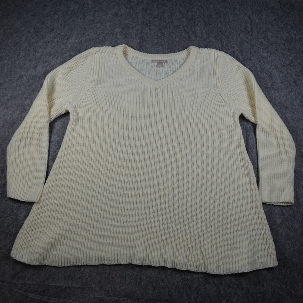 Woman Within Sweater Womens 1X Ivory V Neck Ribbed Knit Long Sleeve Cotton Blend